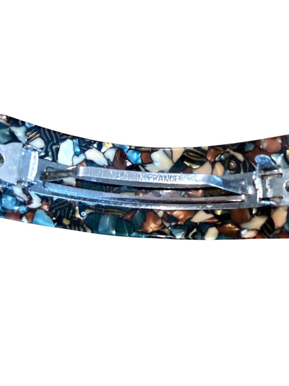 Mosaic Hair Clip Barrette VTG Brown Cream Blue Curved Made in France Plastic - Picture 6 of 6